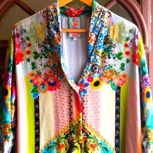 Johnny Was,  floral tunic dress, shades of pink, purple, lime, orange